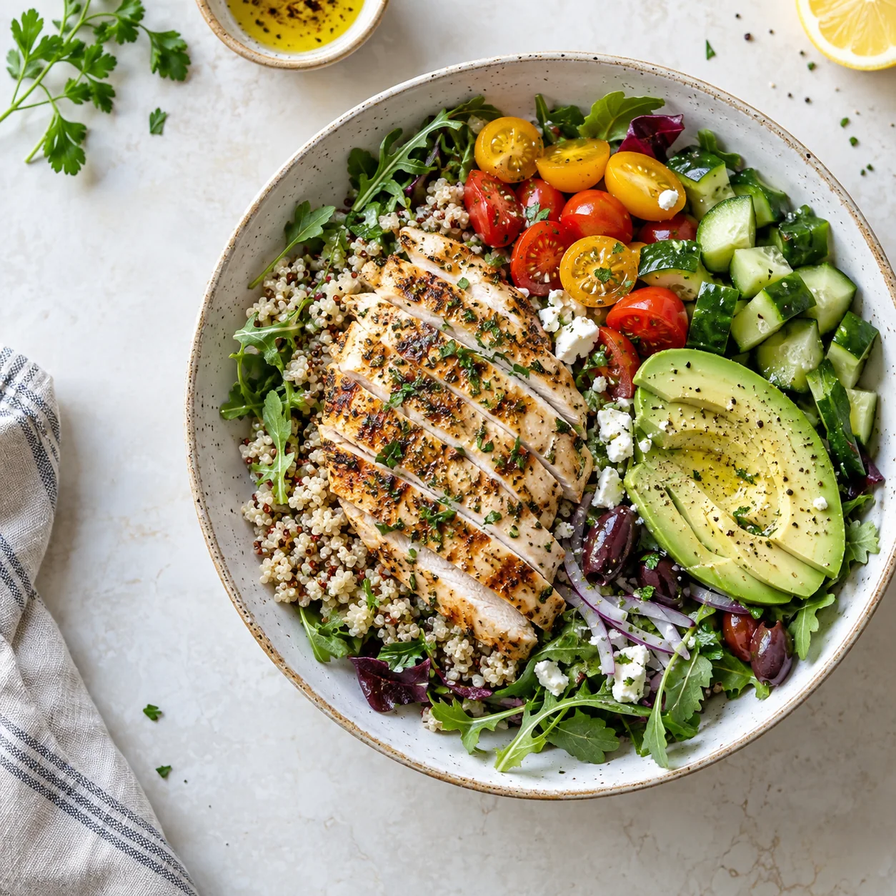 Illustrative bowl of chicken, quinoa, avocado, and vegetables